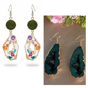 Two Pairs of Elegant Green and Multicolor Stone Drop Earrings